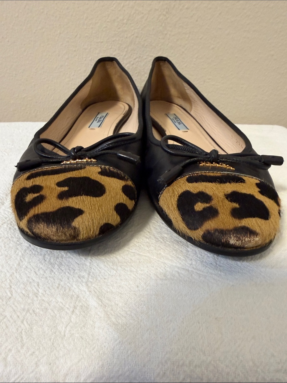 Prada Cavallino Leopard Trim Round Cap Toe Ballerina Flat Sz 37 US 6.5 - Picture 4 of 12